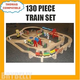 130 Piece Wooden Railway Train Set Compatible with Thomas the Tank Engine and Friends by 