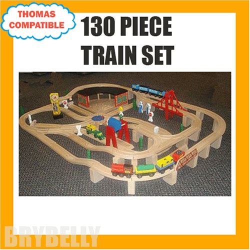 51kVrJiXlGL 130 Piece Wooden Railway Train Set Compatible with Thomas the Tank Engine & Friends