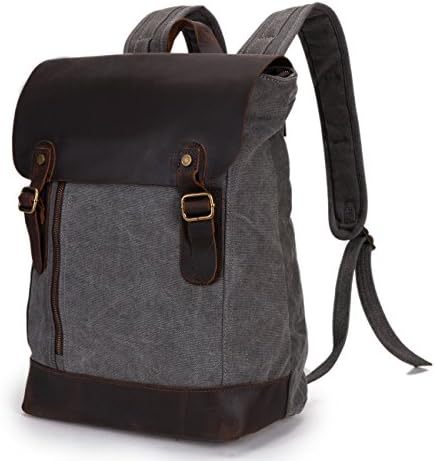 DoubleMay Men Women Vintage Canvas Genuine Leather Schoolbag Travel Camping Hiking Backpack Rucksack Laptop Bag Daypacks for College Office Outdoor 11.8 x 5.5 x 16.9inch Grey