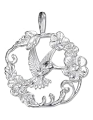 Sterling Silver Hummingbird Pendant in a Ring Of Flowers