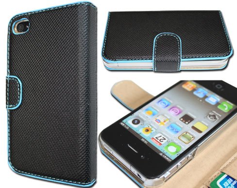 Wallet Leather Case Credit ID Card slot Holder Cover Pouch For iPhone 4 4S Black & Blue