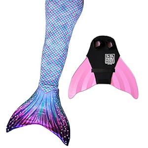 Sun Tail Mermaid - Designer Mermaid Tail + Monofin for Swimming - Kid & Adult Sizes (Child M 6/7, Aurora Borealis - Pink Monofin)