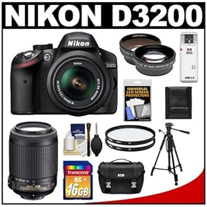 Nikon D3200 Digital SLR Camera & 18-55mm G VR DX AF-S Zoom Lens (Black) + 55-200mm VR Lens + 16GB Card + Case + Filters + Tripod + Telephoto & Wide-Angle Lens Kit