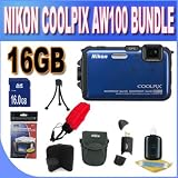 COOLPIX AW100 16 MP CMOS Waterproof Digital Camera with GPS and Full HD 1080p Video (Blue) + 16GB SDHC Memory + SDHC USB Card Reader + Memory Card Wallet + Floating Strap + Shock Proof Deluxe Case w/Strap + Cleaning Kit + Accessory Saver Bundle!