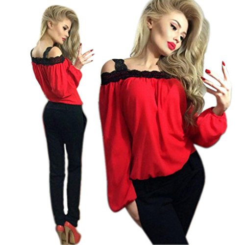 Sunward(TM) Women Sexy Off Shoulder Long Sleeve Lace Chiffon Blouse (XLarge, Red)