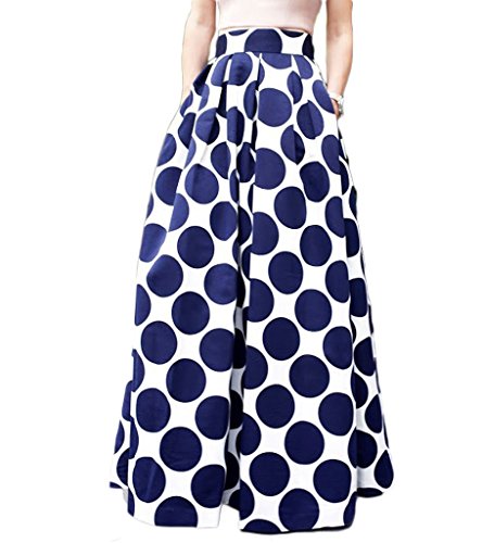 Persun Women Contrast Polka Dot Print Maxi Skater Skirt