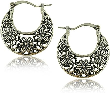 Sweet Brownie India Design Hollow Flower Pattern Retro Silver Plated Jewelry Basketball Wives Round Fancy Hoop Earrings Women Gifts