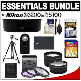 Digital Camera On Sale 2013 : Essentials Bundle for Nikon D3200 & D5100 Digital SLR Camera and 18-55mm VR Lens with 32GB Card + EN-EL14 Battery + 3 (UV/FLD/CPL) Filters + Hood + Tripod + 2 Lenses Set + Remote Kit Online