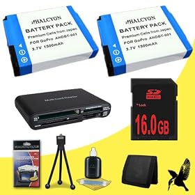 Two Halcyon 1500 mAH Lithium Ion Replacement Battery + 16GB SDHC Class 10 Memory Card for GoPro HD Hero, HD Hero2, HD HERO Naked