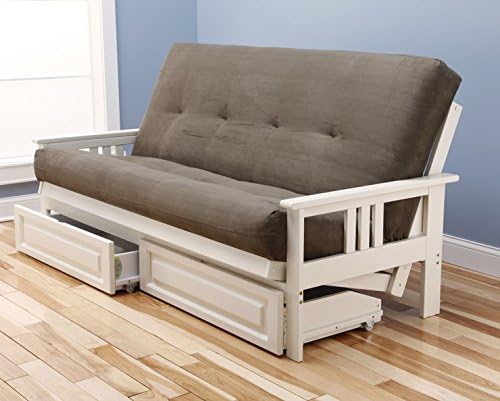 Montreal Futon Set Antique White Frame w/ Suede Microfiber Mattress 8 Inch Innerspring Sofa Bed Full Size (Frame & Olive Mattress w/ Drawers)