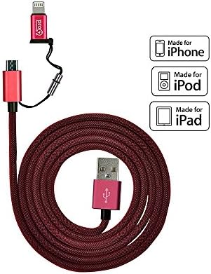 Pro Ohm SureLink Tangle-Free 6ft Lightning and MicroUSB 2-in-1 Cable (Apple MFi Certified) (Red)