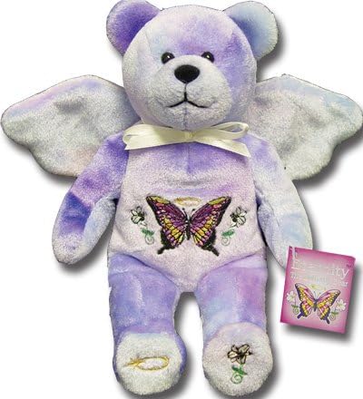 Holy Bears, Teddy Bear, 8" Approx Stuffed Animal, Light Purple Butterfly Eternity Bear. Inside Hangtag: Blessed Be the God and Father of Our Lord Jesus Christ, to His Abundant Mercy Hath Begotten Us Again Unto a Lively Hope By the Resurrection of Jesus Christ From the Dead, 1 Peter 1:3.