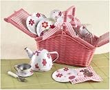 Pink Tin Tea Set, complete with pink basket