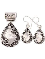 Rainbow Moonstone Teardrop Pendant with Earrings Set - Sterling Silver