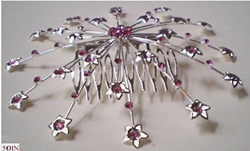 Elegant Dressy Beaded Judaica Bridal kippot kipot women's wire kippah kipa yarmulke yarmulka head covering head piece headpiece hair comb (Temple Synagogue Shul Bar Bat Mitzvah Wedding) - Decorative Design High Quality Rhinestones Swarovski Crystals - Pink Crystals on Silverplated Wire