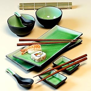 Amazon.com | 11 Piece Green Japanese Dinnerware Set w/ Sushi Mat Green: Teacups