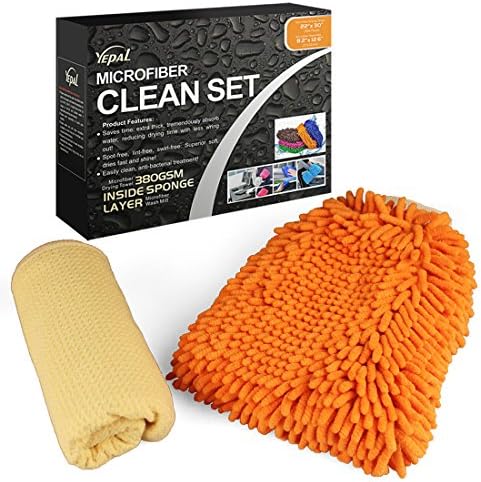 Yepal Microfiber Clean Set, Including 1 pcs of 380GSM Classical Microfiber Drying Towel and 1 pcs of Microfiber Car Wash Mitt, Microfiber Drying Towel at Extra Large Size at 22"x 30", in Light Yellow Color, Unique Waffle Design,Microfiber Car Wash Mitt Size at 8.2"x12.6", in Dark Orange Color, Dry or Wet Usage, Optional Usage for Auto Dry and Clean, Kitchen Dry and Clean, Bathroom Dry and Clean, Glass Dry and Clean and Computer Clean etc