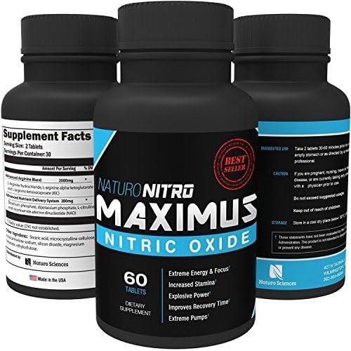 Maximus Nitric Oxide Tablets, High Potency NO Booster and L-arginine Supplement - Allows You to Build Muscle Faster, Workout and Train Longer and Harder, 60 Tablets by Naturo Nitro