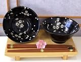 Bowl set Japanese black plum blossom glaze for two