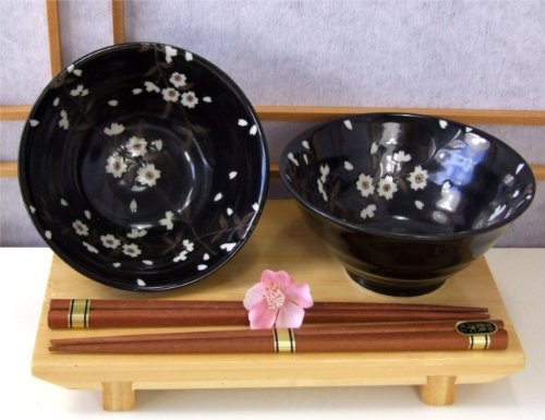 Bowl set Japanese black plum blossom glaze for two
