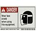 Brady 86818,  Equipment/Oem Labels, 3 1/2" Height x 5" Width, Black/Red on White, Legend "Wear Face Shield When Using This Equipment."  (5 per Package)