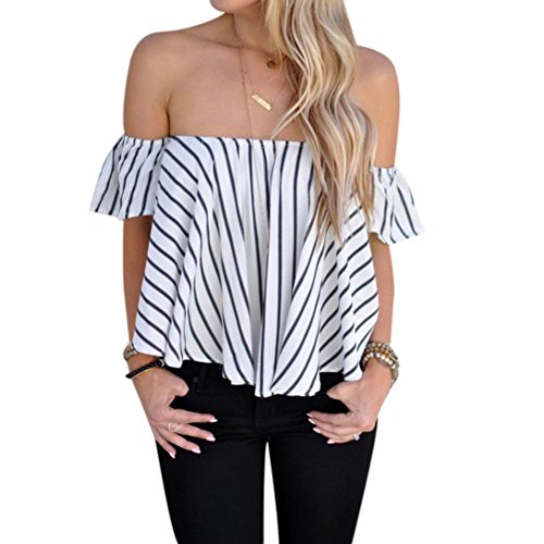 Sunward(TM) Women Off Shoulder Stripe Casual Blouse (Medium, White)