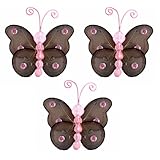 3 Brown Pink Mini (X-Small) Wire Bead Butterfly Butterflies 3pc set - hanging nylon nursery bedroom girls room ceiling wall decor, wedding birthday party baby bridal shower