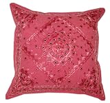 Home Decor Rajrang Golden Embroidery & Mirror Work Pink Color Cotton Cushion Cover Throw Pillow Cover Comforter Set India (Size 16 X 16) (5 Pcs)