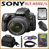 Sony Alpha SLT-A55V/L 16.2MP DSLR with Translucent Mirror Technology and 3D Sweep Panorama and 18-55mm F3.5-5.6 Lens + 16GB SDHC Card + Replacement NP-FW50 Battery + Vivitar Lens Filter Set + mini HDMI Cable + Sony Case + Lens Pen + Jumpstart DVD