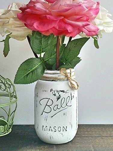 Mason Jar Farmhouse Decor, Country Wedding Decorations, Mason Jar Vase, Decorative Farmhouse Accents in Distressed White