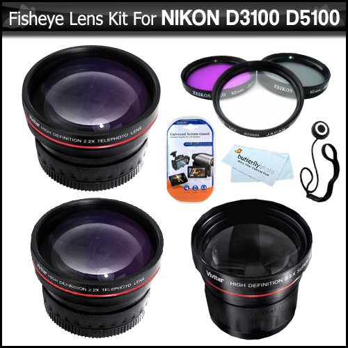 Best Price Fisheye Lens Kit For Nikon D3100 D5100 Digital SLR Camera Which Have Any Of These (18-55mm, 55-200mm, 50mm) Nikon Lenses Includes Super Wide 0.21X Fisheye Lens + HD Wide Angle lens w/ Macro + 2X Telephoto Lens + Multi-Coated 3pc Filter Kit (UV-CPL-FLD) +