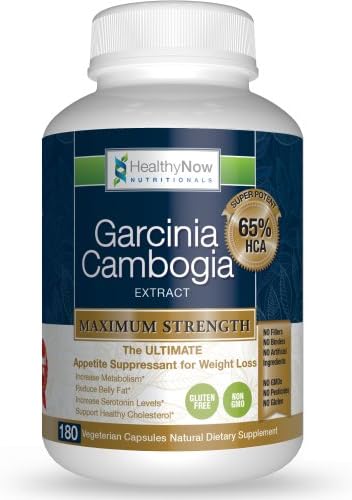 HealthyNow Garcinia Cambogia (65% HCA) 3,000mg Daily, 180 Veg Caps, Maximum Strength Ultra Premium Weight Loss Supplement, Pure Fruit Extract with Potassium, Best Fat Burner & All Natural Appetite Suppressant, Safe & Simple. 100% Money Back Guarantee
