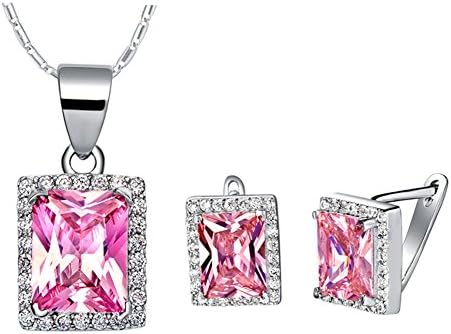 Layla Jewelry 18k White Gold Plated Alloy Swarovski Elements Crystal Jewelry Set include Pendant Necklace and Stud Earrings for Ladies Pink(Princess Cut)