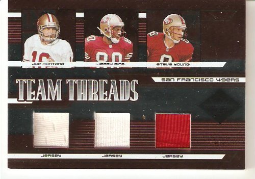2005 Leaf Limited Team Threads Triple TTT-15 Joe Montana / Jerry Rice / Steve Young San Fransisco 49ers (Piece of Authentic Game Worn Jersey - Serial #'d to 50 - Football Cards)