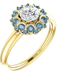 18K Yellow Gold Round Cut White and Blue Diamond Flower Inspired Ring -- LIFETIME WARRANTY