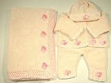 Cp9bk, Knitted on Hand Knitted Machine Pink Ivory Two Ply Chenille Trimmed By Hand Crochet with Pink Infant Girls Cardigan Sweater Pant Hat Set and Matching