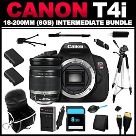 Canon EOS Rebel T4i 18.0 MP CMOS Digital Camera (Body Only) with Canon EF-S 18-200mm f/3.5-5.6 IS Standard Zoom Lens for Canon DSLR Cameras (8GB Intermediate Bundle Kit) - 6558B001,2752B002