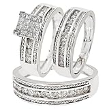 1 3/8 Carat T.W. Round, Princess Cut Diamond Three Ring Matching Wedding Ring Set 14K White Gold - Size 7