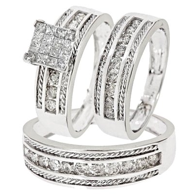 1 3/8 Carat T.W. Round, Princess Cut Diamond Three Ring Matching Wedding Ring Set 14K White Gold - Size 7