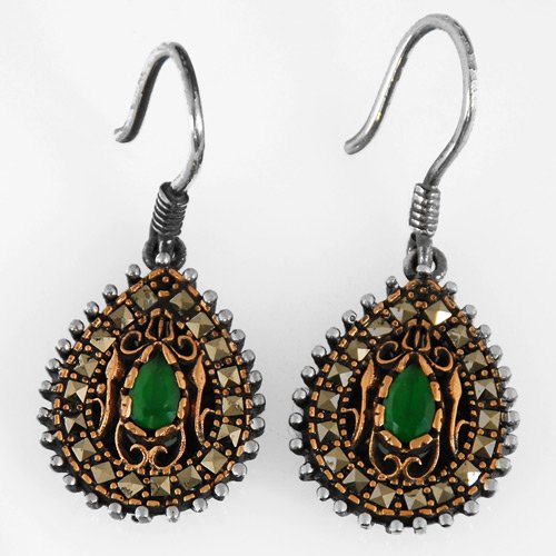 Vintage Style Armenian Earrings. 925 Oxidized Silver Simulated Emerald Stones and High Quality Zirconia Stones.