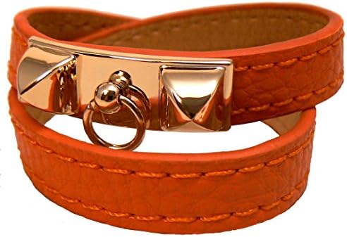 HM0301 Gold Pyramid ORANGE leather double tour bracelet
