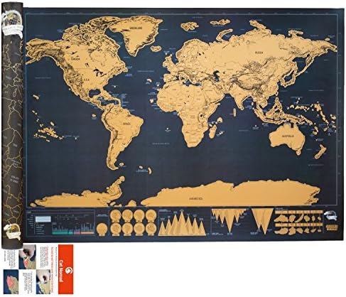 Large Scratch Off Map of the World Deluxe Edition - Gold on Black Frameable Traveler Poster 32.5" X 23.4" (Black)