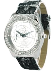 Geneva Womens Fashion Watch in White/Black Lace Bands and Silver Color Rose Dial with Rhinestones