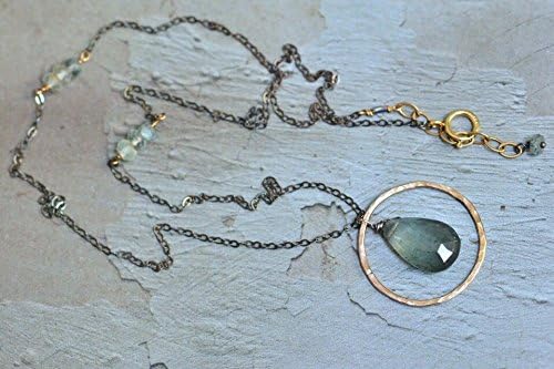 14kt Gold Loop Moss Aquamarine Drop Oxidized Sterling Silver Necklace