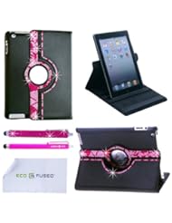 ECO-FUSED Bling 360 Rotating iPad 3 black Leather Case with Sparkling Rhinstone Details / One Hot Pink Stylus - Microfiber Cleaning Cloth 5.5x3.0-Inch included -Pink Rhinestones
