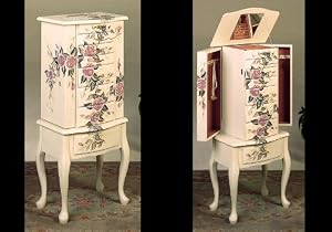 Coaster Jewelry Armoire, Ivory Finish Wood with Hand Painted Roses Floral