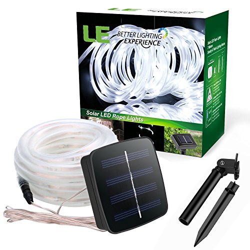 LE® 16.5ft LED Solar Rope Lights, Waterproof, 50 LEDs, Outdoor Rope Lights, Daylight White, String Light, Portable, with Light Sensor, Ideal for Christmas, Wedding, Party, Decorations, Gardens, Lawn, Patio
