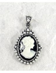 Sterling Silver Black Cameo and Pearlized Beads Frame Pendant Necklace, 16-18"