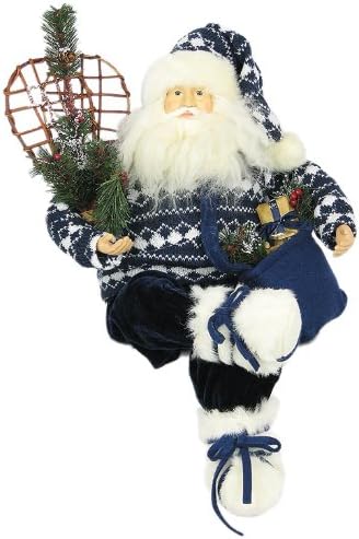 16" Christmas Holiday Blue Woolly Vest Sitting Santa Claus - Y11610
