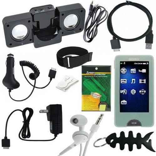 11 Items Accessory Bundle Combo For Sony Walkman X Series (NWZ-X1050 / NWZ-X1051 / NWZ-X1060 / NWZ-X1061) includes: Green Silicone Skin Case , USB 2in1 Data Sync Cable, Car Charger, Wall / Travel / AC Adapter Charger, Portable Foldable Speaker Dock, Adjustable Armband, Belt Clip, Screen Protector, 3.5mm~3.5mm Straight Audio cable, 3.5mm White In-Ear Stereo Headset and Fishbone style Keychain